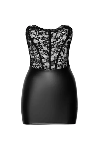 Mini Robe Corset Solace F300 Wetlook et Dentelle - 3XL - Noir - Elegantes kurzes Kleid in Hochglanz-Optik mit Spitzenoberteil und dekorativer Schnürung. Ideal für besondere Anlässe und ein wahrer Blickfang.