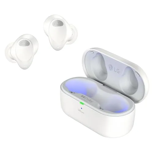 LG TONE Free T90S In-Ear Bluetooth Kopfhörer - Kopfhörer mit Dolby Atmos-Sound, Active Noise Cancellation und UVnano-Reinigung für hygienischen Genuss. IPX4-Schutz und bis zu 36 Stunden Akkulaufzeit machen sie ideal für unterwegs.