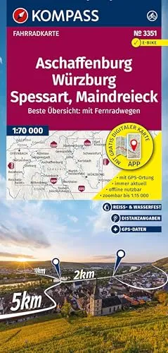 KOMPASS Fahrradkarte 3351 Aschaffenburg, Würzburg, Spessart, Maindreieck 1:70.000: reiß- und wetterfest