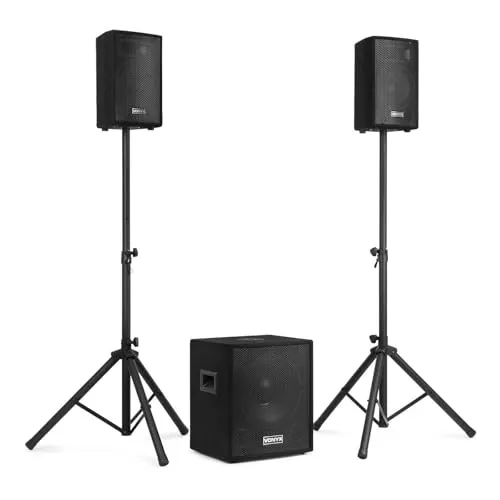 Vonyx VX0812BT - Aktives PA Anlage Komplettset mit Bluetooth - Mobiles 2.1 DJ Set mit 12 Zoll Subwoofer und 2 passiven 8 Zoll Lautsprechern. Einfacher Aufbau, ideal für Veranstaltungen. Inklusive Ständern und vielseitigen Anschlussmöglichkeiten.