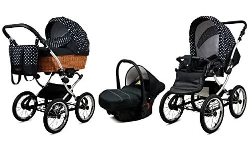 Babylux® Classic Exclusive 3in1 Kinderwagen Set - White Dots - Vielseitiger Kombikinderwagen für Neugeborene und Kleinkinder. Leicht, sicher und komfortabel mit einem durchdachten Design, das sich den Bedürfnissen Ihres Kindes anpasst. Inklusive Autositz und praktischen Funktionen für den Alltag.