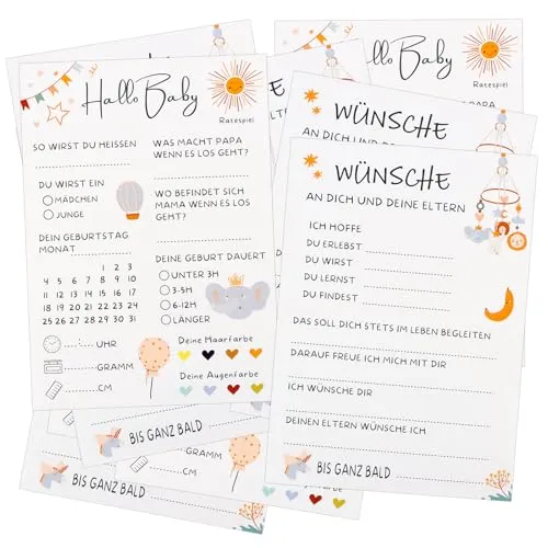 TNEDFOD 20 x Babyshower Ratespiel Karten zum Ausfüllen, Beidseitig Bedruckt, Ratespiel für die Babyparty, Tippkarten Jungen und Mädchen für die Gender Reveal Feier und Babyshower Spiele - Deutsch