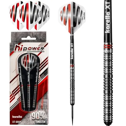Karella HiPower 90% Tungsten Steeldart, 22g, für Klassische Dartscheibe, 3 Dartpfeile mit Metallspitze, Dartboard, Wolfram, Profidart mit Flight und Shaft