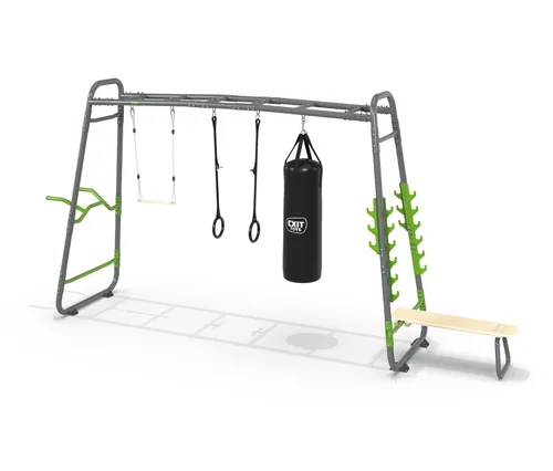 EXIT GetSet monkeybar MB330 - Multifunktionales Fitnessgerät - Spielplätze, fast fünf Meter langes Fitnessgerät für draußen mit vielseitigem Zubehör wie Dip Station, Turnringe und Boxsack für ein abwechslungsreiches Training.