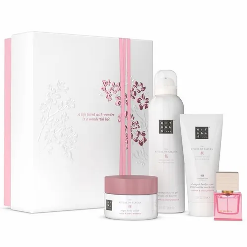 The Ritual of Sakura Medium Gift Set - Ganzkörperpflege Set mit Duschschaum, Körperpeeling, Körpercreme und Mini-Parfum. Verwöhnen Sie sich mit luxuriösen Produkten, die Kirschblüten und Reismilch enthalten.