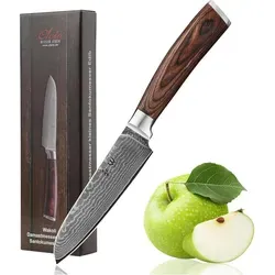 Damast Santokumesser klein | 12cm Klinge aus 67 Lagen Damaststahl - Küchenmesser mit ergonomischem Pakkaholzgriff für maximalen Komfort und Kontrolle. Perfekt zum Schneiden, Würfeln und Zerkleinern – ein Must-Have für Hobby- und Profiköche!
