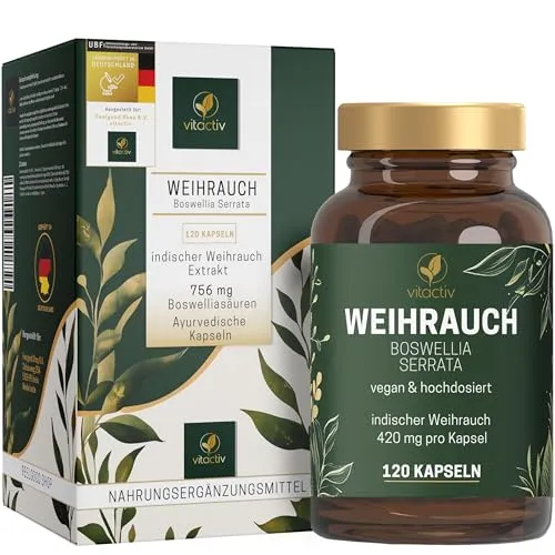 VITACTIV Weihrauch Boswellia Serrata Kapseln - Hochdosiert & Vegan - Hochdosierte 120 Kapseln mit 1680 mg indischem Weihrauch-Extrakt, ideal zur Ergänzung deiner Ernährung. Vegan, laborgeprüft und ohne künstliche Zusätze – für deinen täglichen Bedarf.