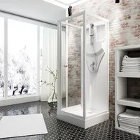 Komplettdusche SCHULTE Juist 80 x 80 cm – Alpinweiß - Duschkabine in U-Form, ideal für kleine Nischen. Mit platzsparender Schiebetechnik und vorinstallierten Armaturen für maximalen Komfort.
