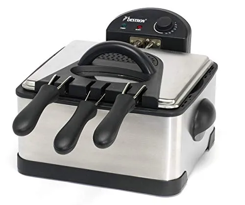 Bestron XL Öl-Fritteuse 4L - Spülmaschinengeeignet, 2000 W, Edelstahl - Fritteuse für große Portionen mit 3 Körben, Cool Zone für längere Fetthaltbarkeit und einfache Reinigung. Ideal für leckere Snacks und Pommes frites!