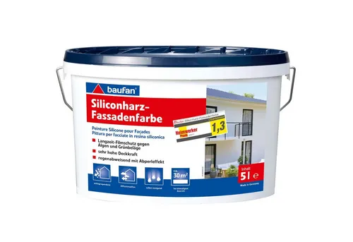 baufan® Fassadenfarbe Premium 5L - Außenfarbe mit Abperleffekt - Hochwertige 5L Fassadenfarbe mit Abperleffekt für langlebigen Schutz gegen Witterungseinflüsse. Ideal für mineralische Untergründe, einfach zu verarbeiten und in verschiedenen Farbtönen abtönbar.