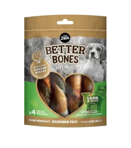 BetterBones – weicher Kausnack für Hunde, ohne Rohhaut, umwickelte Rollen mit Lamm mit Minze, 12,5cm, 4er Pack