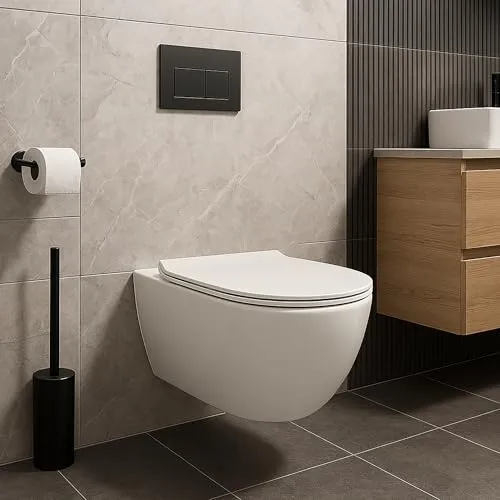 NEG Design Hänge-WC Uno11RL-Slimline - Einteilige Toilette mit randloser & spritzfreier Spülung, hochwertiger Nano-Versiegelung und abnehmbarem Softclose WC-Sitz für einfache Reinigung und Hygiene.