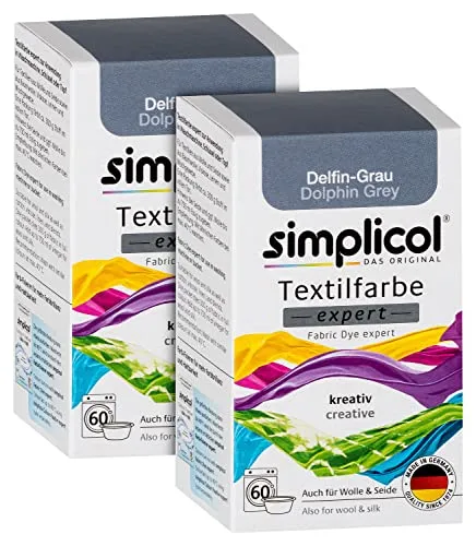 simplicol Textilfarbe expert Delfin-Grau 1717, 2er Pack – Kreative Färbemöglichkeiten - Die simplicol Textilfarbe expert für einfaches Färben in Waschmaschine oder manuell. Ideal für verschiedene Stoffe, schadstoffgeprüft und mit geprüfter Qualität. Perfekt für kreative Projekte!