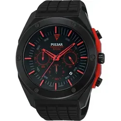 Pulsar PT3463X1 Herrenarmbanduhr - Schwarz/Rot, Ø 45 mm - Sportliche Herrenarmbanduhr mit robustem Edelstahlgehäuse und Silikonarmband. Wasserdicht bis 10 ATM, ideal für aktive Lebensstile. Inklusive Markenetui.