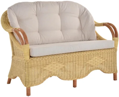 Wintergarten Rattansofa Natur Rattan Zweisitzer - Gartenmöbel: Elegantes 2-Sitzer Sofa aus geflochtenem Rattan in Creme/Terracotta mit bequemen Kissen, ideal für Lounge, Veranda oder Wintergarten.