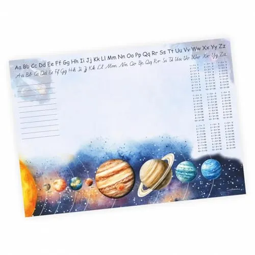 A3 Schreibtischunterlage Sonnensystem Planeten mit kleinem 1x1 und Alphabet Notizblock 50 Blatt Malunterlage Papier 50 Blatt Kinder Schreibtisch Auflage Junge Weltall