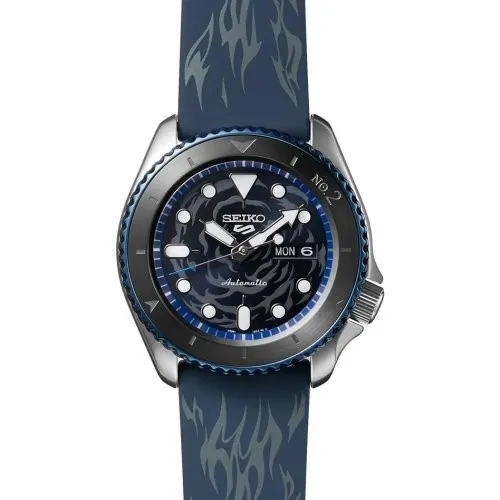 SEIKO 5 Sports Herren Automatik Armbanduhr - ONE PIECE "SABO" Limited Edition - Exklusive Herrenarmbanduhr aus Edelstahl mit Silikonband. Automatisches Uhrwerk, drehbare Lünette und einzigartiges Design. Limitiert auf 5000 Stück, ideal für Sammler und Fans!