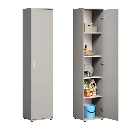 Schmaler Mehrzweckschrank 40 cm - Praktischer Stauraum für Zuhause und Büro - Der schmale Mehrzweckschrank mit 1 Tür und 4 Einlegeböden bietet flexible Aufbewahrungslösungen für Flur, Büro oder Schlafzimmer. Ideal für kleine Räume, kratzfest und pflegeleicht dank melaminbeschichteter Oberfläche.
