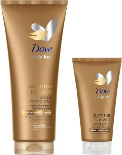 Dove Kit Selbstbräunungslotion Summer Revived, Für Gesicht und Körper, Mittlere und Dunkle Hauttypen, Stufenweise Bräune, Strahlende Haut, 72H Feuchtigkeit, Mit Aloe Vera, 1x 200 ml + 1x 75 ml