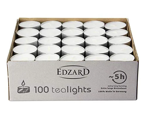 EDZARD 100 Teelichter weiß in Alu Hülle, Brenndauer ca. 5 Stunden - Kerzen für Teelichtglas, Stövchen, Dauerkerze