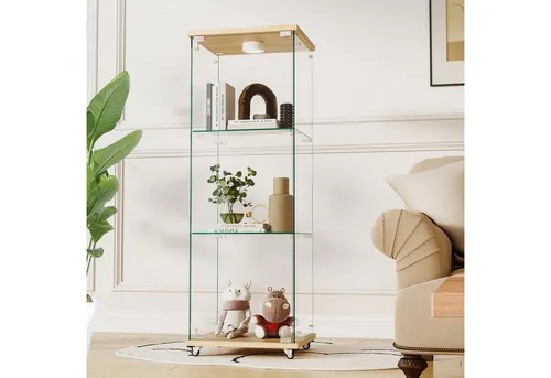Modfu Vitrine aus Holzwerkstoff, 42.5x120x36.5 cm - Stylische Vitrine mit natürlicher Holzoptik und LED-Beleuchtung, perfekt für die Präsentation von Sammlungen und Erinnerungsstücken. Robuste Konstruktion mit leicht zu reinigenden Glasflächen.