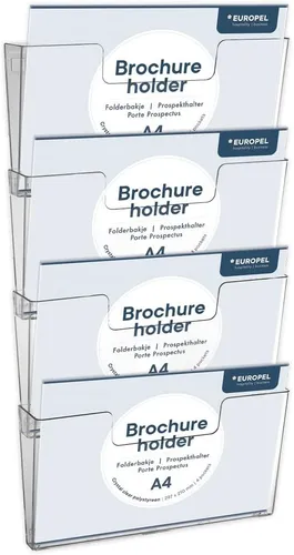 Prospekthalter Europel Wandmontage 4xA4 quer koppelbar 350104 - Werbeartikel: Robuster Wandprospekthalter aus glasklarem Polystyrol, erweiterbar durch innovatives Kupplungssystem für individuelle Präsentation.