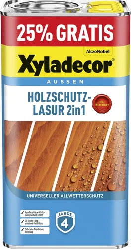 Xyladecor Holzschutzlasur 2in1 4+1L gratis - Teak Aktionsgebinde - Farben & Lacke: Schützen Sie Ihr Holz effektiv mit dieser praktischen 2in1 Lasur, die nicht nur schützt, sondern auch schön aussieht. 25% mehr Inhalt im Aktionsgebinde!