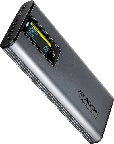 AXAGON EEM2-SD2 - Externes M.2/SATA Gehäuse mit Display - Gehäuse für Flash-Rams mit fortschrittlichem LED-Display zur Echtzeitüberwachung von SSD-Daten, ideal für M.2 NVMe- und SATA-Laufwerke.