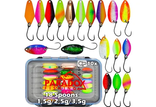 Paradox Fishing Kunstköder Spoon Set 18 Stück - Das 18-teilige Spoon Set mit UV-aktiven Ködern in praktischer Box ist ideal für erfolgreiches Forellenangeln. Mit verschiedenen Farben und verführerischem Laufverhalten bist Du bestens ausgestattet!