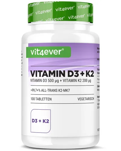 vit4ever Vitamin D3 20.000 I.E. + K2 200 µg MK7 - Hochdosierte Tabletten für optimale Unterstützung - 100 hochdosierte Tabletten mit einer idealen Kombination aus Vitamin D3 und K2 in geprüfter Qualität. Vegetarisch und ohne unnötige Zusätze für eine bewusste Ergänzung.