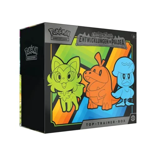 Pokémon KP02 Top-Trainer Box DE MBE4 - Sammelkarten - Enthält 9 Boosterpacks und eine holografische Promokarte, ideal für Pokémon-Fans und Sammler, die die neuesten Entwicklungen in Paldea erleben möchten.