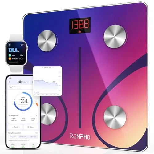 RENPHO Personenwaagen Körperfettwaage Digital Waage mit App, Bluetooth Körperanalysewaage Smart Waage für Körperfett, BMI, Muskelmasse, Protein, BMR, Rot, Elis 1