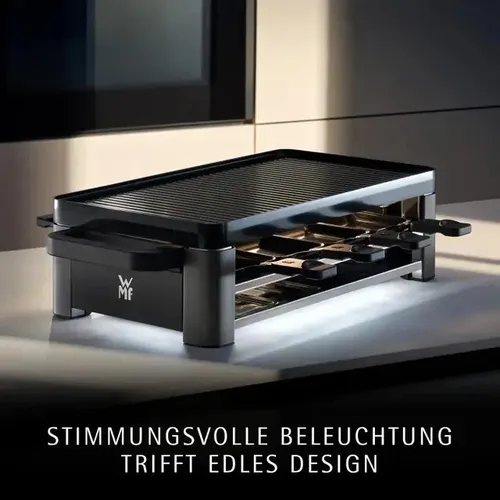 WMF Master Raclette Grill für 8 Personen - Raclette-Grill mit 1500 W, variabler Temperaturkontrolle und edler Keramikpfännchen, ideal für gesellige Abende und einfache Reinigung dank spülmaschinengeeigneter Teile.
