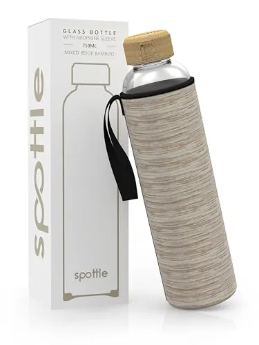 spottle Trinkflasche aus Glas 1l - Glasflasche 500ml - 750ml - 1 liter mit Neoprenhülle - Schutzhülle - Glastrinkflasche mit Schraubverschluss (Beige meliert/Bambus, 750 ml)