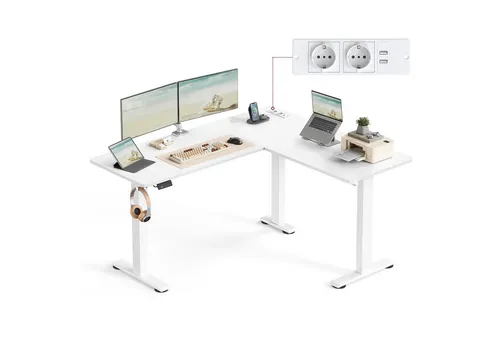 VASAGLE Höhenverstellbarer Schreibtisch elektrisch L-Form 160 cm - Weiß mit Ladestation - Ergonomischer L-förmiger Schreibtisch für optimalen Raum nutzen. Höhenverstellbar von 72 cm bis 120 cm, robust und leise. Integrierte Ladestation mit 2 AC und 2 USB-Anschlüssen.