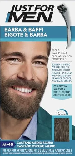 Just For Men Barba & Baffi, Tinta Per Barba Uomo, Tintura Senza Ammoniaca, Elimina I Peli Grigi, Con Pettine Applicatore, Colore Castano Medio Scuro, M40