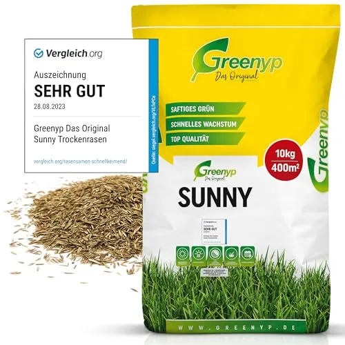 Greenyp Sunny - Dürre-Resistenter Trockenrasen 10kg - Gräsersamen für 400m², extrem pflegeleicht und schnellkeimend, ideal für trockene und sonnige Standorte.