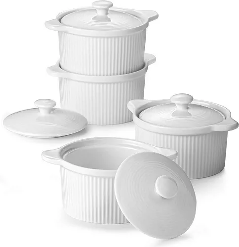 Dowan Auflaufform 210 ml Porzellanweiße Ramekins mit Deckeln und Griffen (4-St) - Praktische Ramekins für Desserts und Snacks, ideal für die Zubereitung und Präsentation kleiner Gerichte. Hergestellt aus robustem Porzellan, perfekt für den täglichen Einsatz und die kreative Küche.
