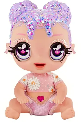 MGA Glitter Babyz - LILA WILDBLOOM - Babypuppe mit 3 magischen Farbwechseln durch eiskaltes Wasser - mit lila Glitzer-Haar, Wildblumen-Outfit, Windel, Flasche und Schnuller - Für Kinder ab 3 Jahren