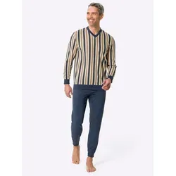 Schlafanzug, Herren, Gr. 48/50, dunkelblau, ocker, gestreift, 100% Baumwolle, Homewear-Sets