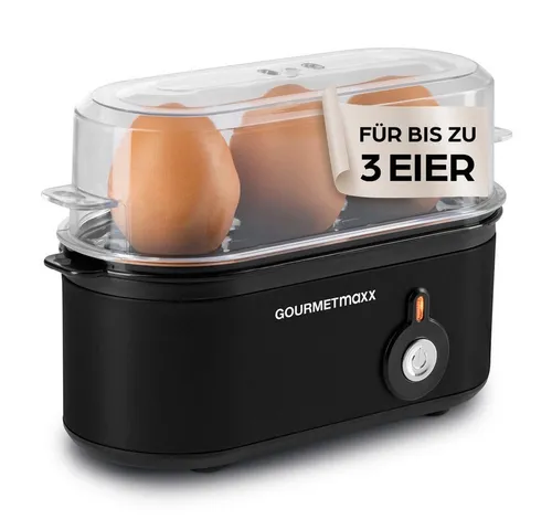 GOURMETmaxx Eierkocher für 3 Eier - 210W mit Messbecher & Eierstecher - Eierkocher für 3 Eier, kompakt und ideal für Camping. Kocht Eier in gewünschtem Härtegrad mit nur einem Knopfdruck – schnell und einfach!