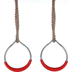 Turnringe aus Metall mit Seil und Kunststoffgriffen - Silber/Rot - Wetterfeste Turnringe für drinnen und draußen, ausgestattet mit rutschfesten Kunststoffgriffen und verstellbaren Seilen. Ideal für spielerischen Einsatz und Fitnessübungen am Spielturm.