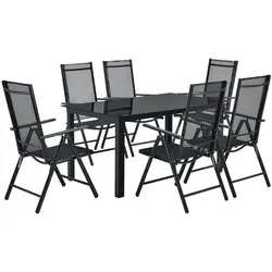 Juskys Garten-Essgruppe Milano, 7-tlg - Klappbare und verstellbare Stühle - Essgruppen mit 6 klappbaren und verstellbaren Stühlen sowie einem eleganten Tisch aus Sicherheitsglas, perfekt für gemütliche Stunden im Garten.
