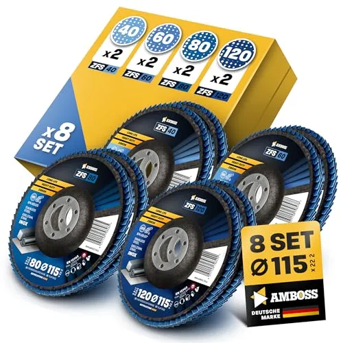 10x Fächerscheibe Ø115mm K60 für Stahl/Edelstahl - Polieren Entroster Kehlnaht schleifen - AMBOSS Werkzeuge ZFS Lamellenschleifscheibe blau Winkelschleifer - Profi Zirkon Schleifmop
