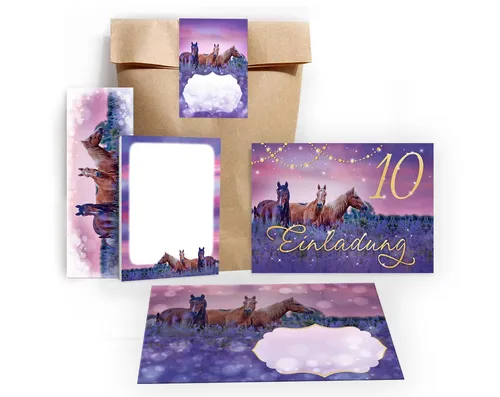 JUNAPACK Einladungskarten Pferd zum 10. Geburtstag Einladungen Karten mit Umschlägen Mitgebsel, Mitbringsel Set Fohlen Gastgeschenke zum zehnten Geburtstag Pferde