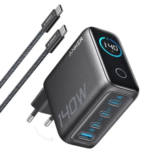 Anker Zolo 140W Wandladegerät mit Digitalanzeige - 140-W-GaN-Schnellladegerät für schnelles und sicheres Laden. Mit 3x USB-C und 1x USB-A Anschlüssen, ideal für mehrere Geräte gleichzeitig. Kompakt und leicht für unterwegs.