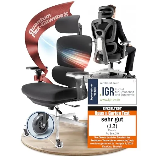 CLOUVOU ProSeat Ergonomischer Bürostuhl [TESTSIEGER] – 100% individuell einstellbar - Ergonomischer Bürostuhl für bis zu 150 kg, ausgestattet mit innovativer 3D Kopfstütze und atmungsaktivem Quantum-Flex-Gewebe für höchsten Komfort und Rückenschonung.