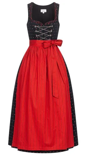 Nübler Dirndl lang Damen THEA Schwarz - 2-teiliges Dirndl Set inkl. Kleid und Schürze im Landhausstil, Rocklänge 90 cm, eckiger Ausschnitt, rotes Blütenmuster, Reißverschluss, Größe:42