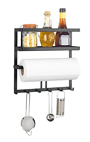 WENKO Multifunktionsregal Gala - Küchenregal mit Küchenrollenhalter und 6 Haken für platzsparende Aufbewahrung, ideal für kleine Küchen. Aus pulverbeschichtetem Flachstahl für Langlebigkeit und modernes Design.