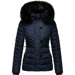 Navahoo Damen Winter Steppjacke Wisteriaa mit Kunstfell Kapuze - Dunkelblau Gr. 36 - Modische Damen Winter Steppjacke mit abnehmbarer Kunstfellkapuze. Wasserabweisend, taillierter Schnitt und praktische Taschen machen sie zum idealen Begleiter für kalte Tage.